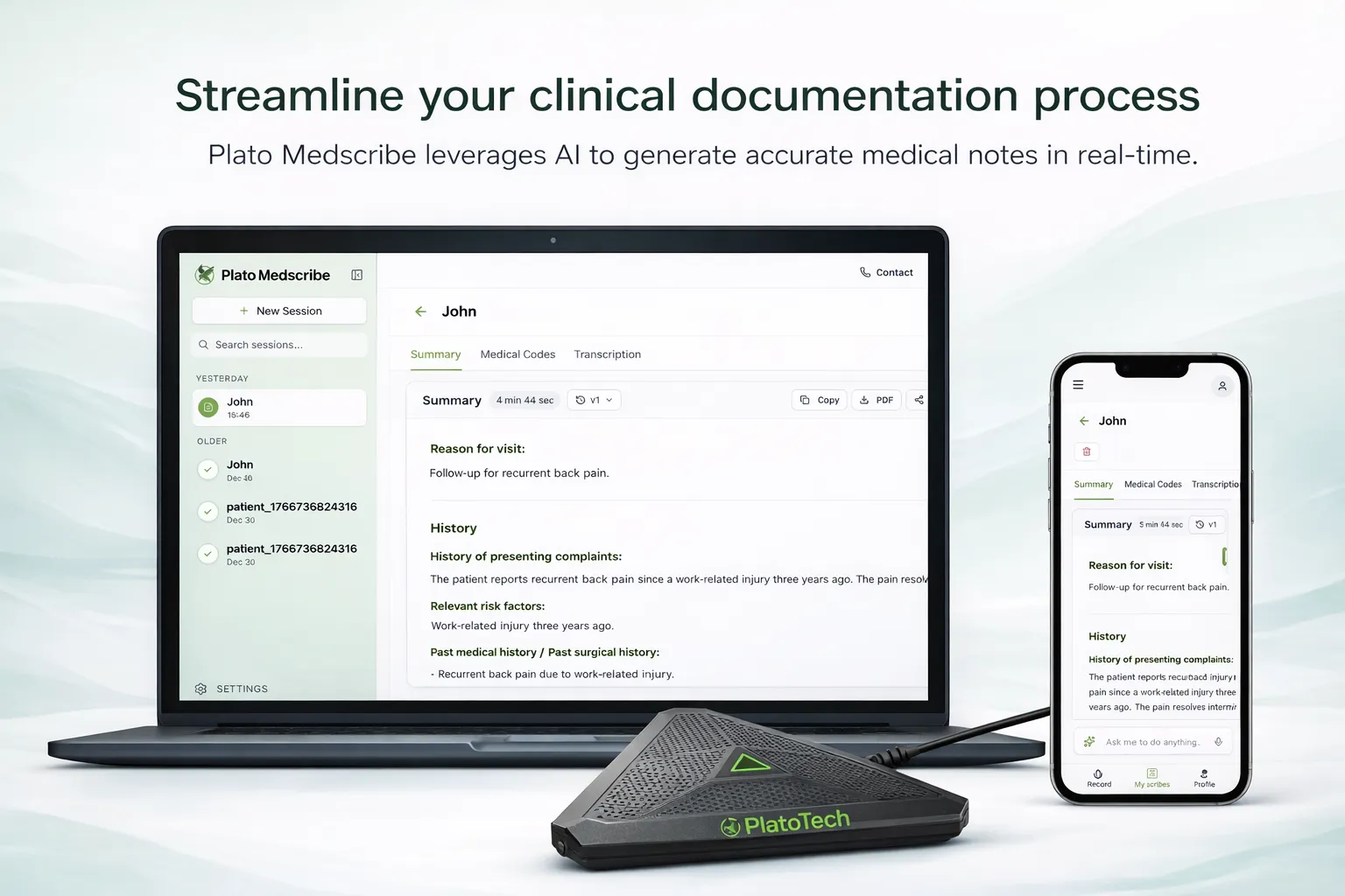 AI medical scribe product interface showing ambient clinical documentation
